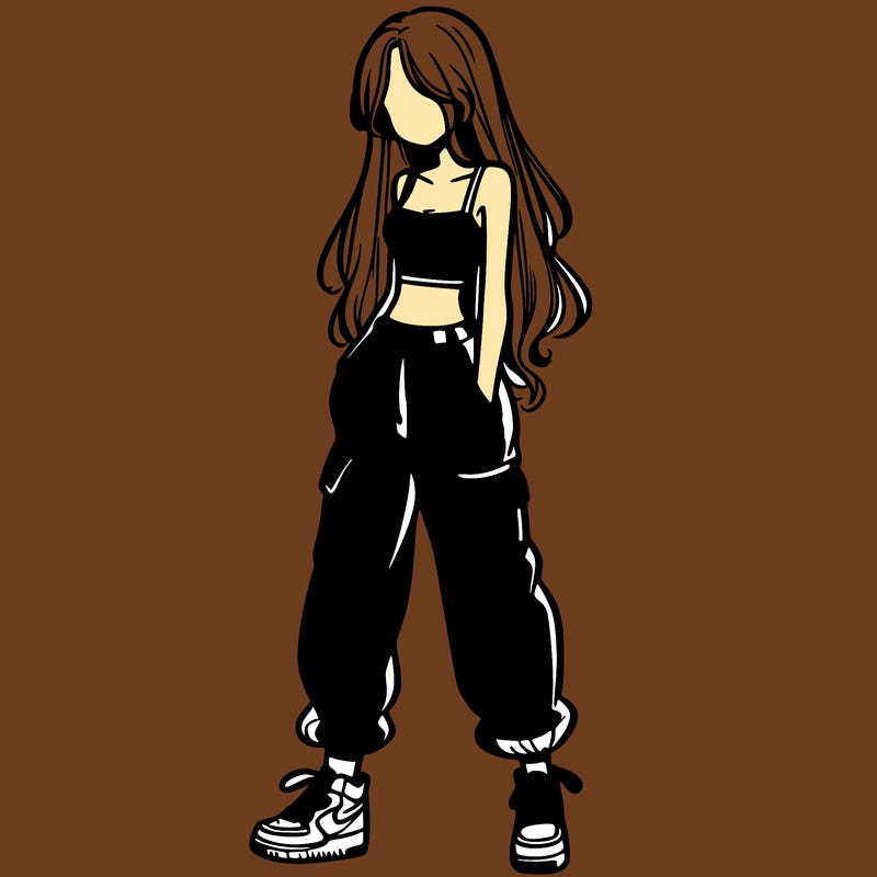girl in baggy pants crop top and long hair