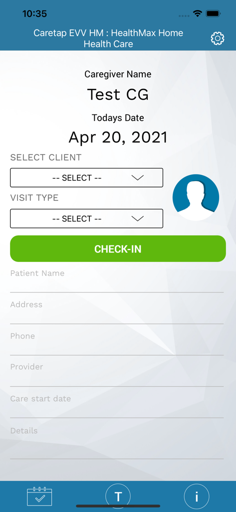 Caretap EVV HM - Caretap EVV HM mobile app check-in screen showing caregiver name, date, client selection, and a green check-in button