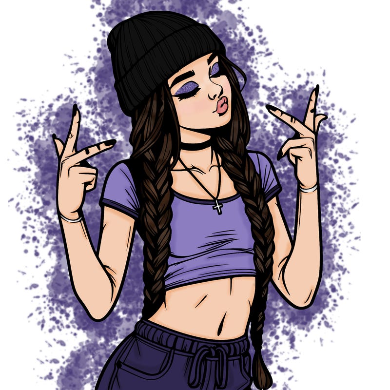 realistic teenage girl with braids and a beanie and crop top doing 🫶🏼