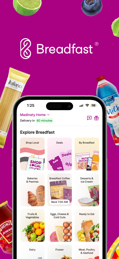 Breadfast mobile app home screen showing grocery categories like bakeries coffee and fresh vegetables on a purple background