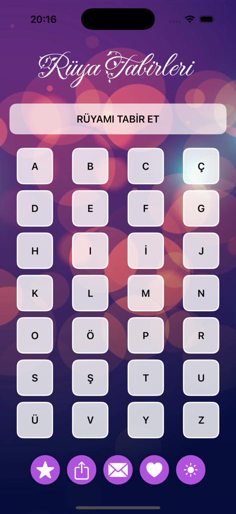 Rüya Tabirleri AI - Schermata principale dell'app Rüya Tabirleri AI con una griglia di dizionario dei sogni alfabetico e un pulsante di interpretazione IA su uno sfondo bokeh viola.