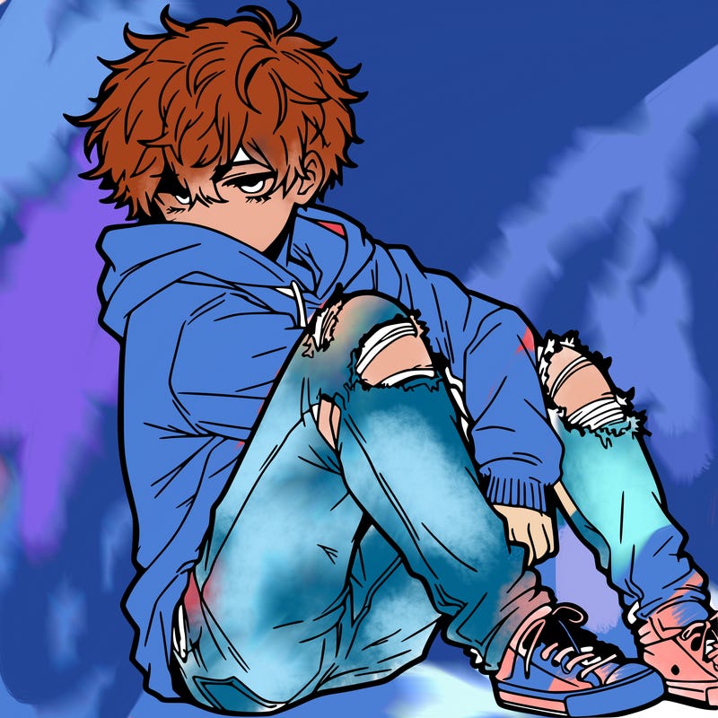 a male hoddie ripped jeans messy hair anime