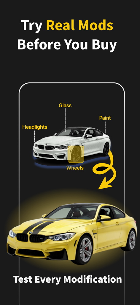 Benutzeroberfläche der Modify AI App, die virtuelle Automodifikationen wie neue Lackierungen und Felgen an einem Sportwagen zeigt.