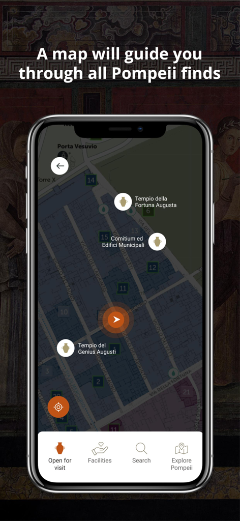 MyPompeii - A screenshot of the MyPompeii app showing an interactive map of the archaeological site with marked historical landmarks