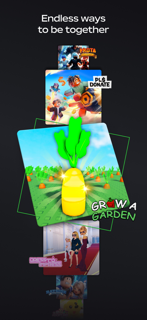 Une vitrine visuelle de divers jeux et expériences Roblox générés par les utilisateurs comme Dress to Impress et Grow a Garden.
