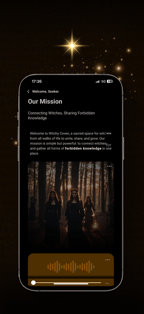 Tela de missão do aplicativo Witchy Coven com bruxas em uma floresta