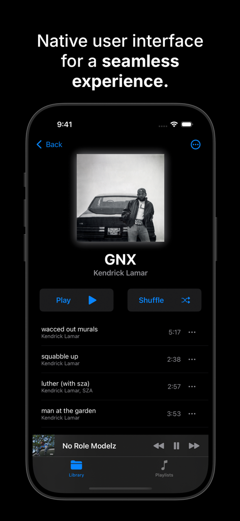 Sonora - Offline Music Player - Sonora offline music player interface showing Kendrick Lamar album GNX with tracklist and play controls