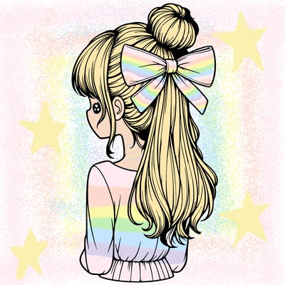 realistic girl  with hip length hair a bun and a big bow on the back of head