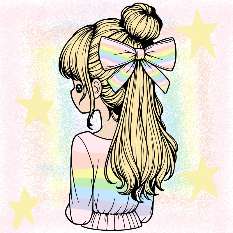 realistic girl  with hip length hair a bun and a big bow on the back of head