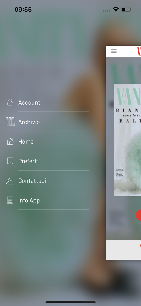 Seiten-Navigationsmenü der Vanity Fair Italia Mobile App mit Optionen für Konto, Archiv und Favoriten