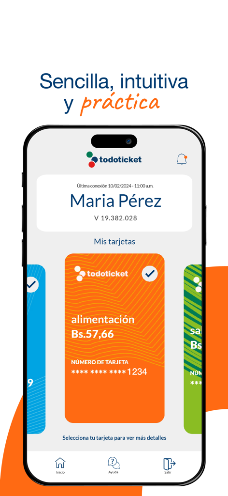 Todoticket - Todoticket mobile app interface showing a digital benefit card with balance and user account details