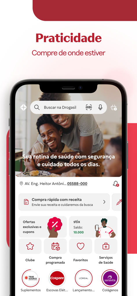 Drogasil: Drogaria Online 24h - Drogasil mobile app home screen featuring pharmacy products, discounts, and loyalty rewards