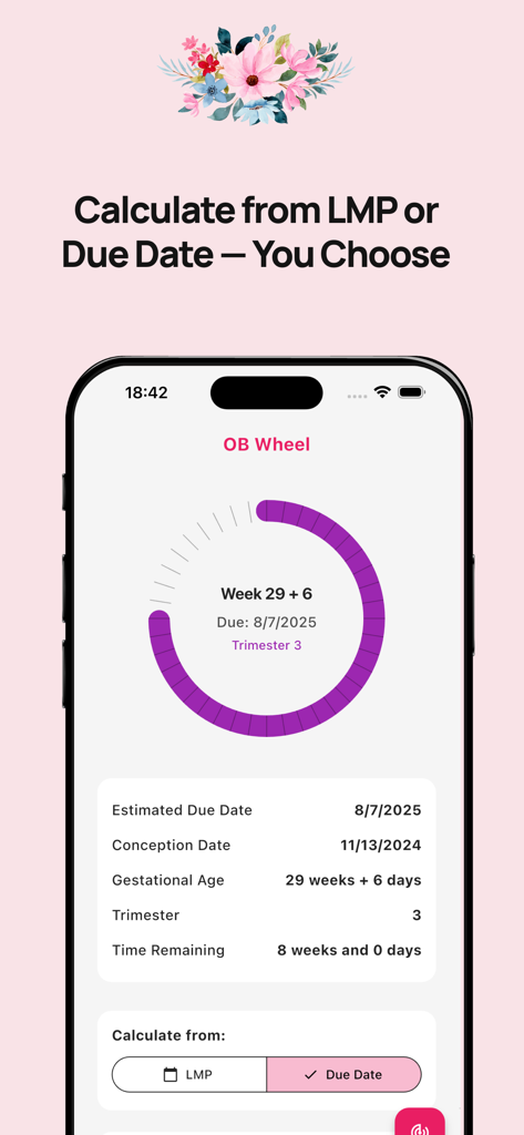 OB Wheel Pregnancy Calculator - OB Wheel pregnancy calculator interface displaying gestational age and progress wheel