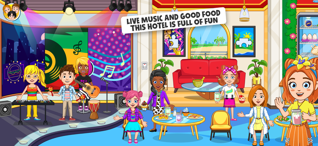 Characters playing musical instruments and eating in a hotel restaurant