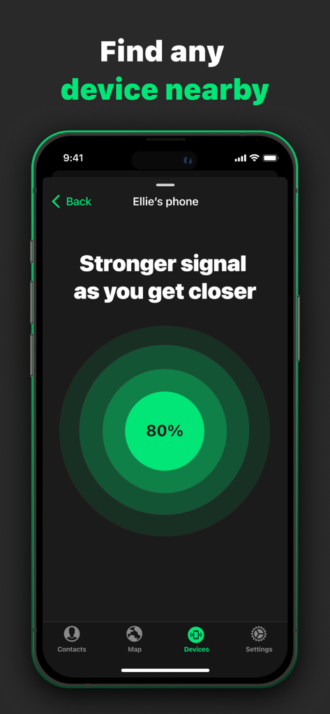 Find Us: Phone Number Tracker - A proximity tracker screen showing a device signal at 80 percent strength