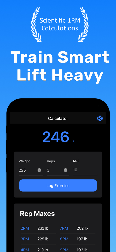 One Rep Max: 1RM Calculator - Interface de l'application One Rep Max affichant un calcul de 246 livres basé sur le poids et le nombre de répétitions saisis.
