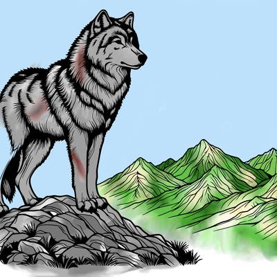 realistic, detailed wolf on the tip of a mountain but close