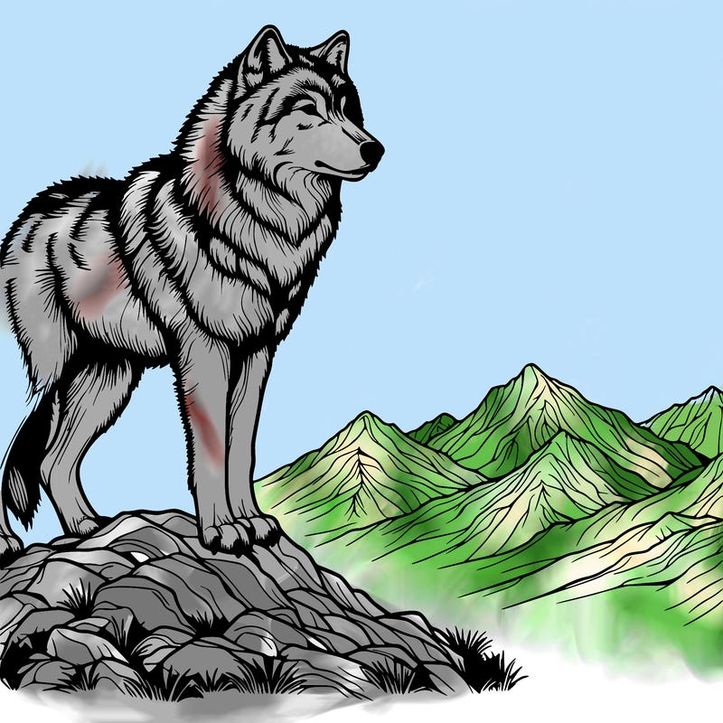 realistic, detailed wolf on the tip of a mountain but close