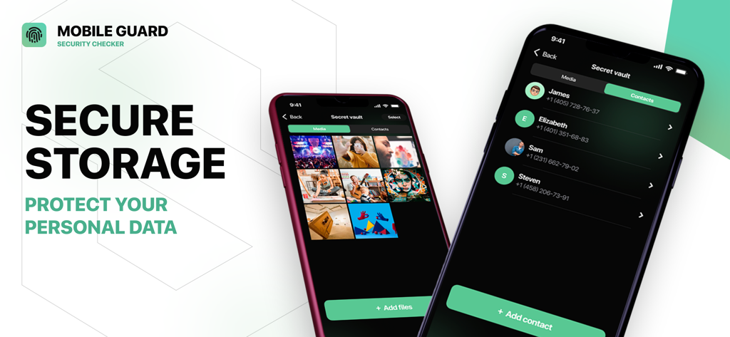 Mobile Guard: Security Checker - Mobile Guard app interface showing the secret photo vault and private contact storage features for personal data protection