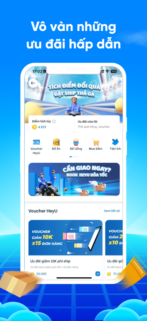 HeyU: Giao hàng thần tốc - A mobile interface of the HeyU app showing loyalty points, shipping vouchers, and categories for food and shopping rewards.