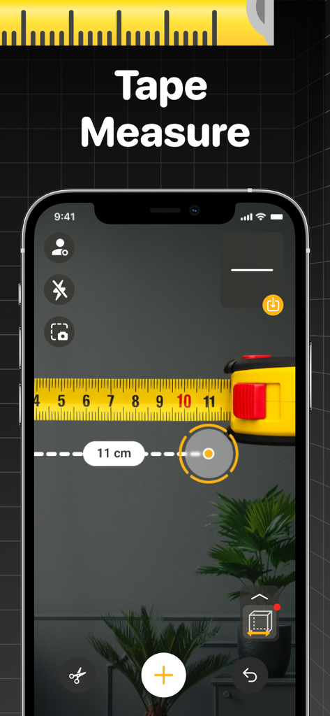 The Tape Measure & 3D Scanner - iPhone mostrando una aplicación de cinta métrica digital usando realidad aumentada para medir una pared