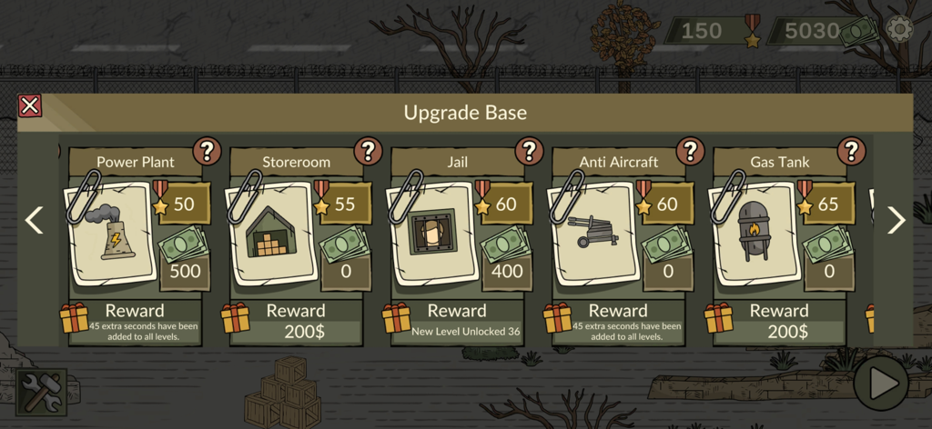 The Upgrade Base menu in Black Border 2 showing various facility upgrades including Power Plant and Jail with their respective costs and rewards
