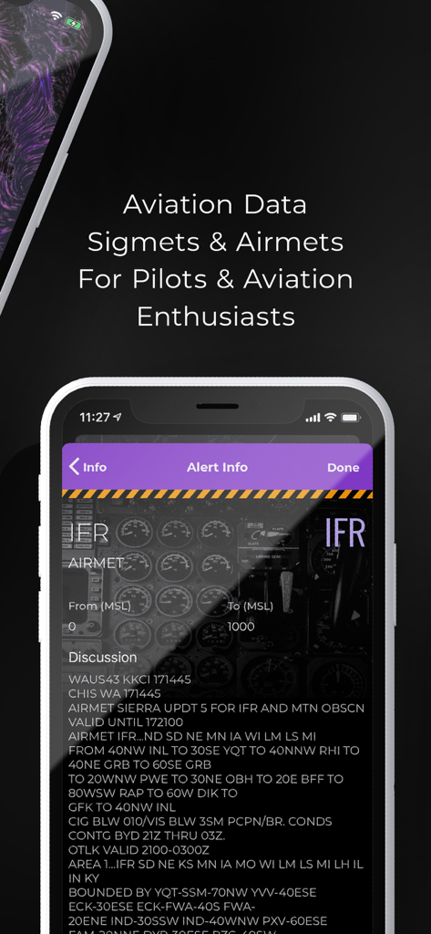 MyRadar Accurate Weather Radar - MyRadar app displaying technical aviation weather data including Sigmets and Airmets for pilots