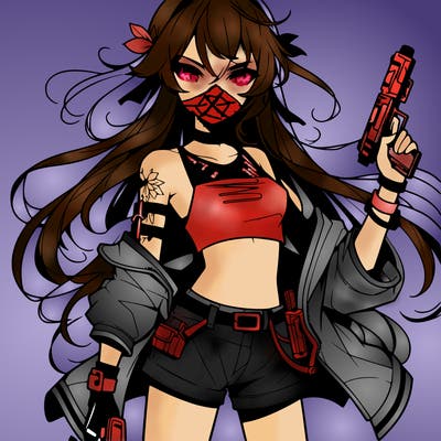 bad girl wearing crop top holding a gun long hair anime