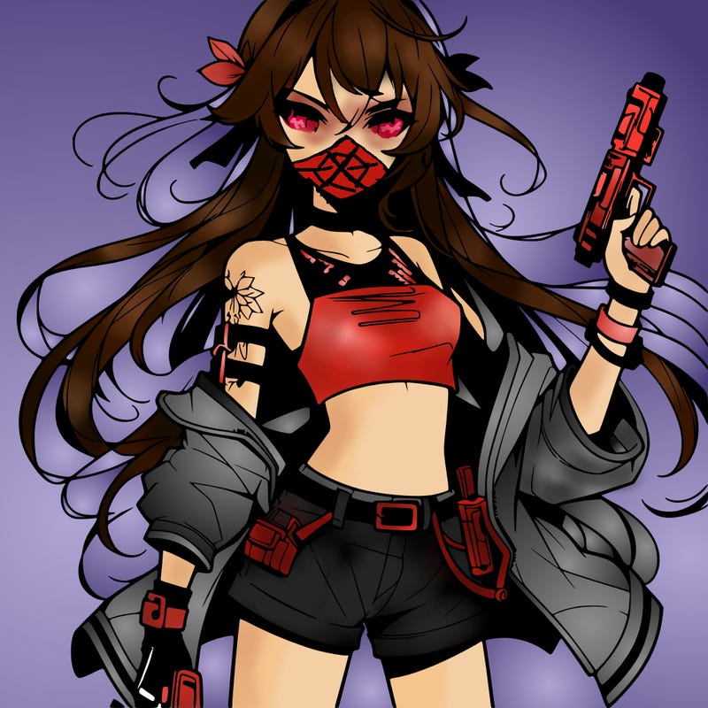 bad girl wearing crop top holding a gun long hair anime