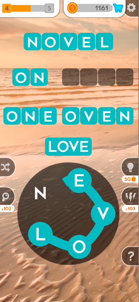 Interface de um jogo de palavras offline onde um usuário conecta letras para resolver um quebra-cabeça de palavras cruzadas contra um cenário de praia ao pôr do sol.