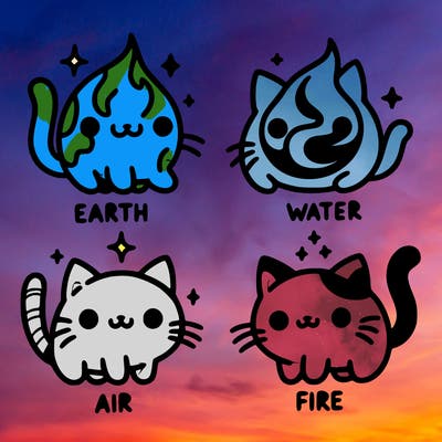 4 cats that represent the different elements, earth, water, air, and fire