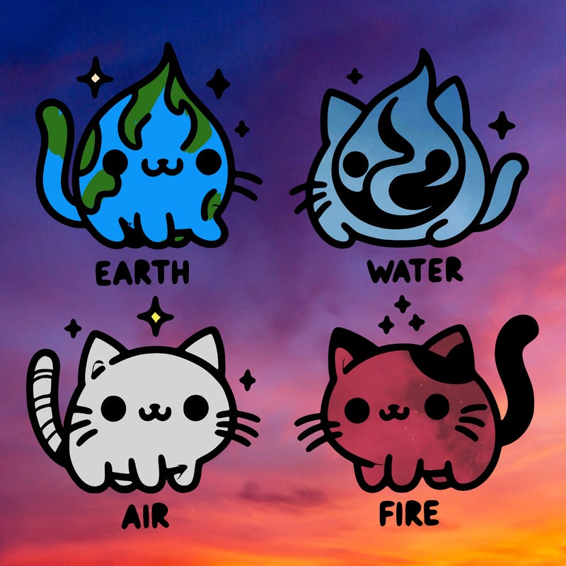 4 cats that represent the different elements, earth, water, air, and fire