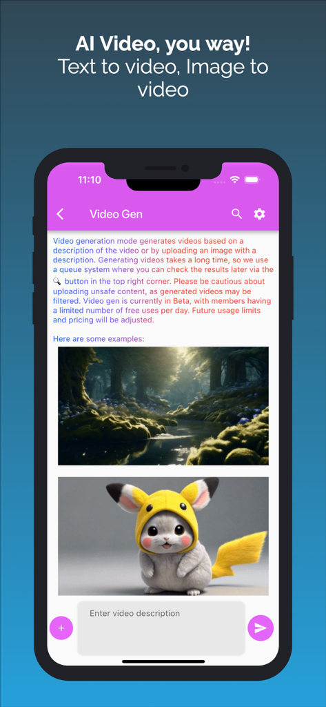 Chat Journey - Pocket AI Buddy - Interfaz de la aplicación Chat Journey que muestra la función de generación de video con IA con opciones de texto a video e imagen a video.