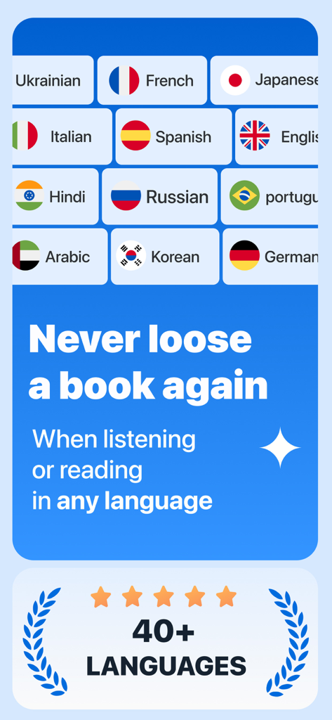 Pantalla de la aplicación BookLand mostrando más de 40 idiomas compatibles para resúmenes de audiolibros con varias banderas de países