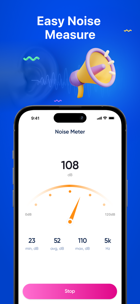 Clean Tune app interface showing real time noise level measurement in decibels