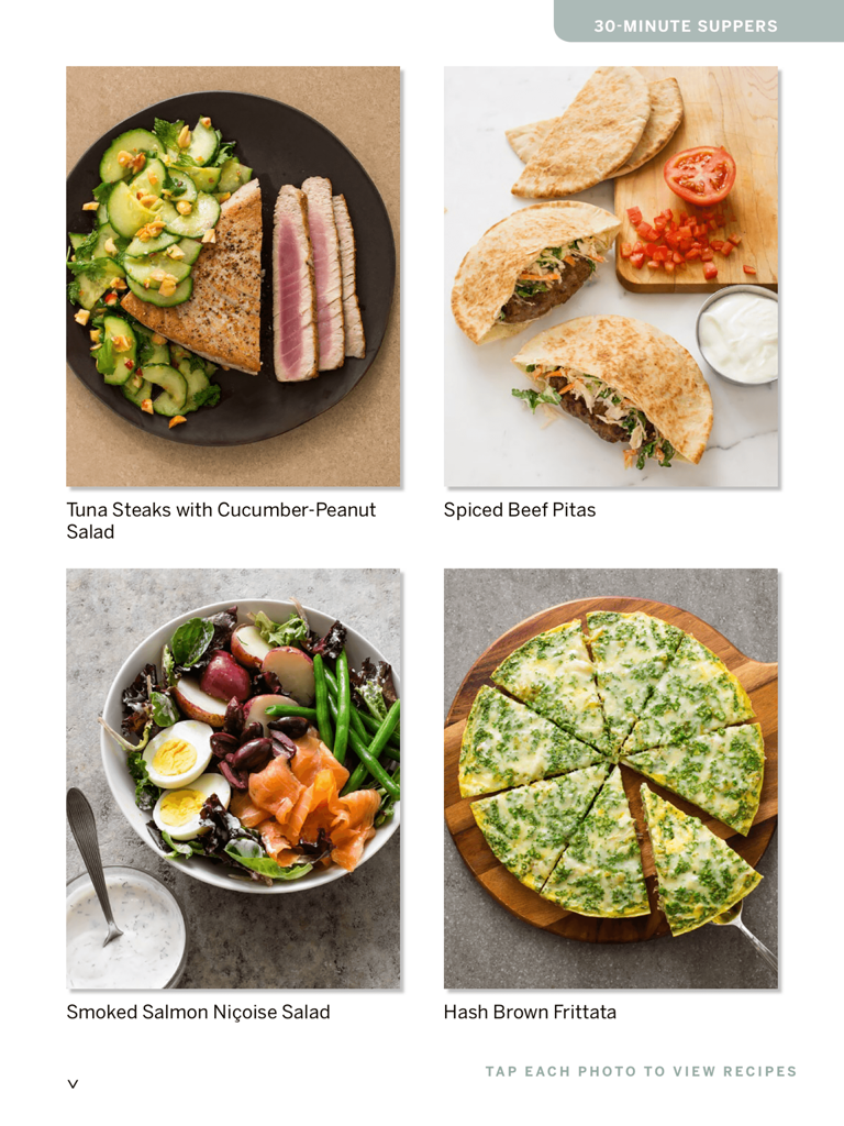 Cook's Country Magazine - Cooks Country Magazine iPad app showing 30 minute supper recipes like Tuna Steaks and Spiced Beef Pitas