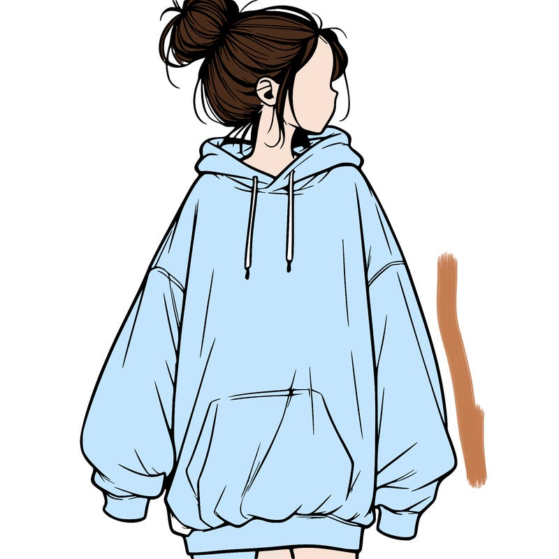realistic girl with a oversized sweatshirt on and a bun