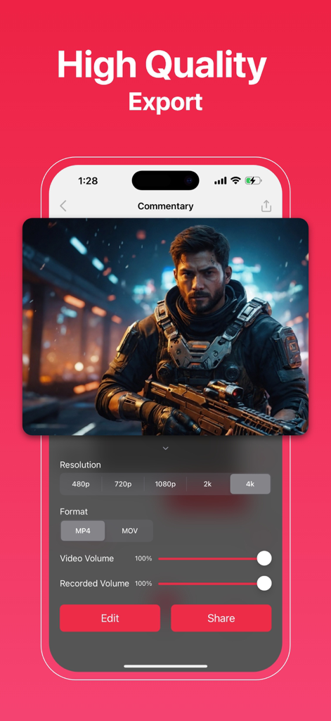 Screen Recorder app interface showing 4K high resolution export settings and sharing options