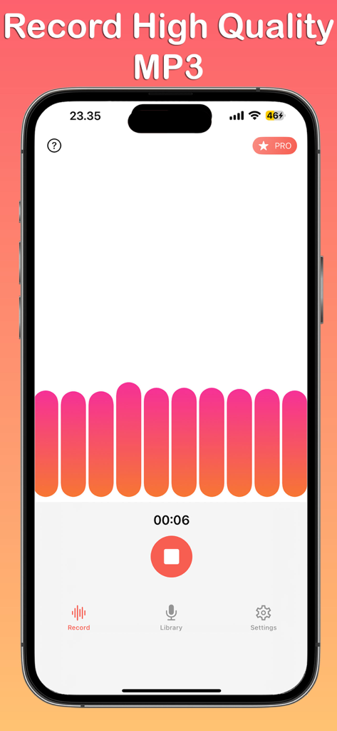 MP3 Recorder - Voice Recording - MP3レコーダーアプリのインターフェース。アクティブな音声録音セッションが表示され、カラフルな波形とタイマーがiPhoneに表示されています。