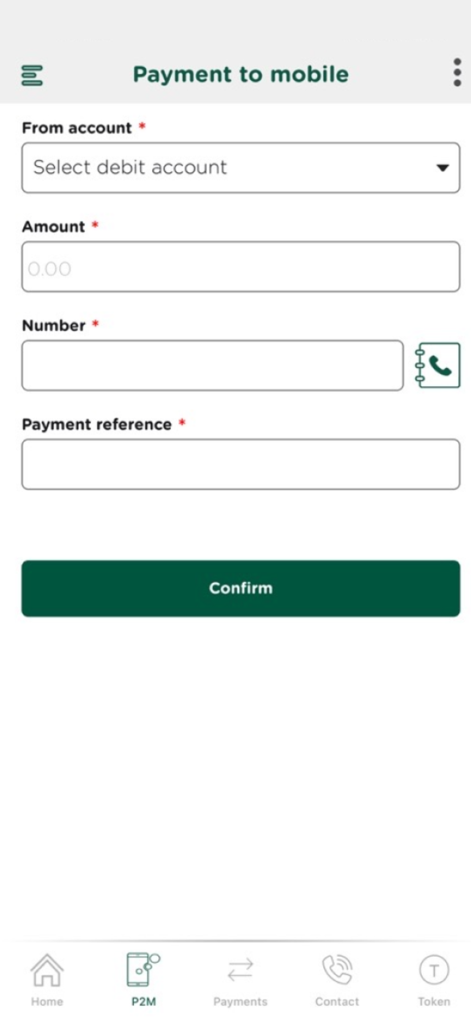 Interface of the myAPS app showing the payment to mobile screen with fields for amount and phone number
