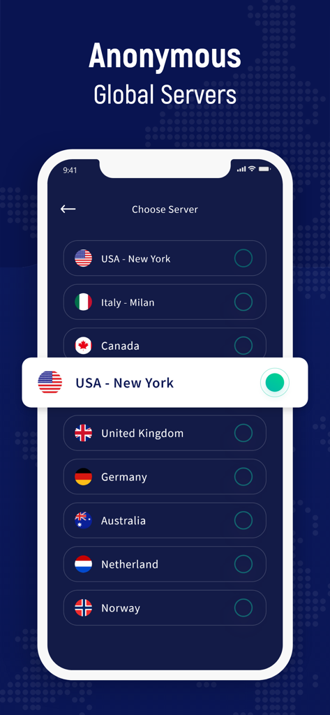 Nolog VPN app interface showing a list of global servers with USA New York selected