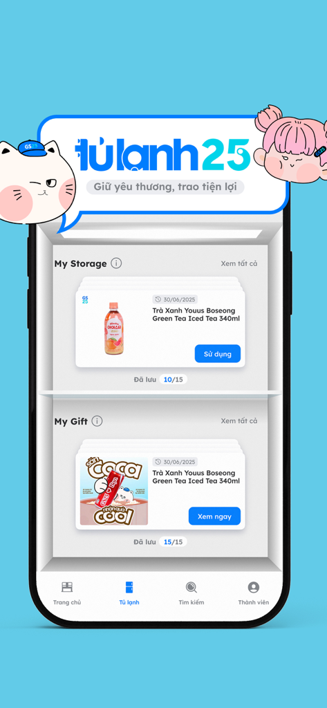 Captura de pantalla de la app GS25 VN mostrando la función de almacenamiento digital Nevera 25 para regalos y recompensas de fidelidad