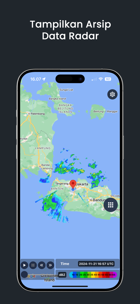 Sidarma Mobile - Smartphone screen displaying weather radar archive data for Indonesia on a map