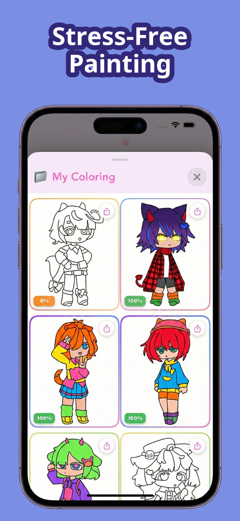 Chibi Coloring Book: Anime Art - A digital gallery showing several cute chibi anime characters to color in the app