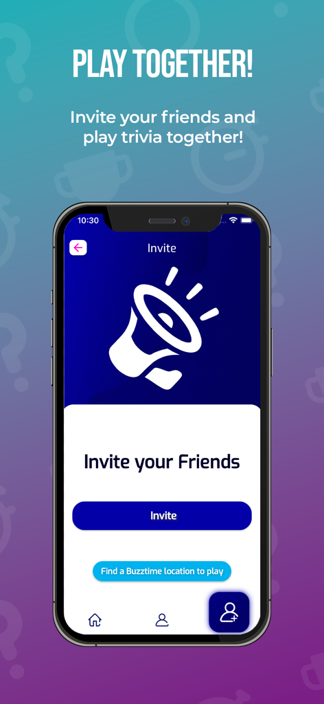 Buzztime Trivia - Buzztime Trivia app screen showing the invite friends feature for social play