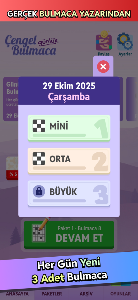 Çengel Bulmaca - Günlük - Menu di selezione giornaliera per cruciverba turchi con mini, medi e grandi cruciverba