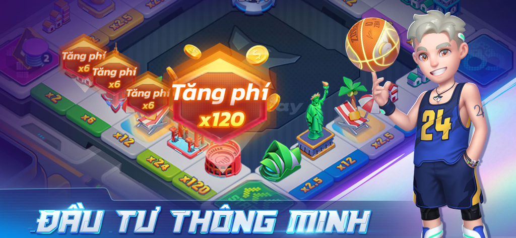 Cờ Tỷ Phú 2 ZingPlay - Uma tela de jogo de tabuleiro 3D de Cờ Tỷ Phú 2 ZingPlay apresentando um personagem masculino com uma camisa de basquete e um grande bônus multiplicador para investimento inteligente.
