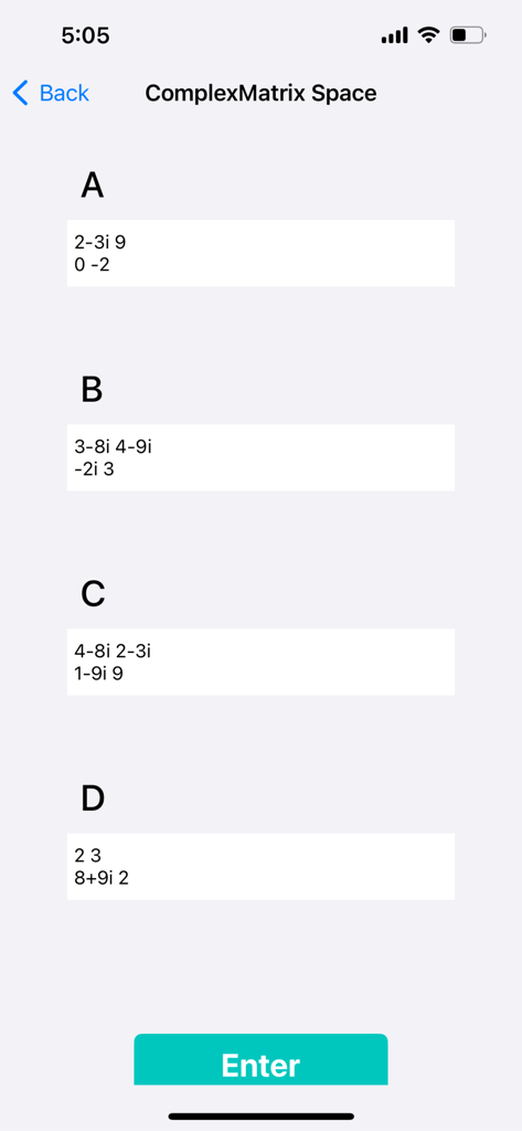 n Matrix Calculator - Interface of the n Matrix Calculator showing input fields for four complex matrices labeled A B C and D
