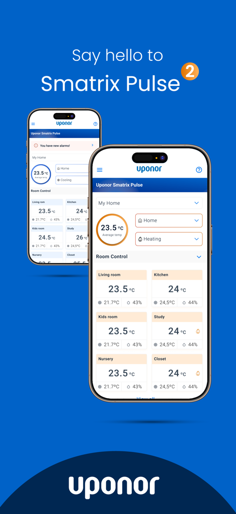 Uponor Smatrix Pulse 2 - Benutzeroberfläche der Uponor Smatrix Pulse 2 Mobil-App mit individuellen Raumtemperaturreglern für intelligente Fußbodenheizung