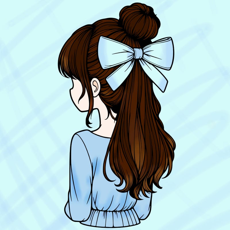 realistic girl  with hip length hair a bun and a big bow on the back of head